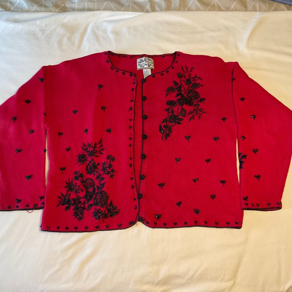 Heirloom Collectibles Women Large Sweater Cardigan Red Beaded Buttoned